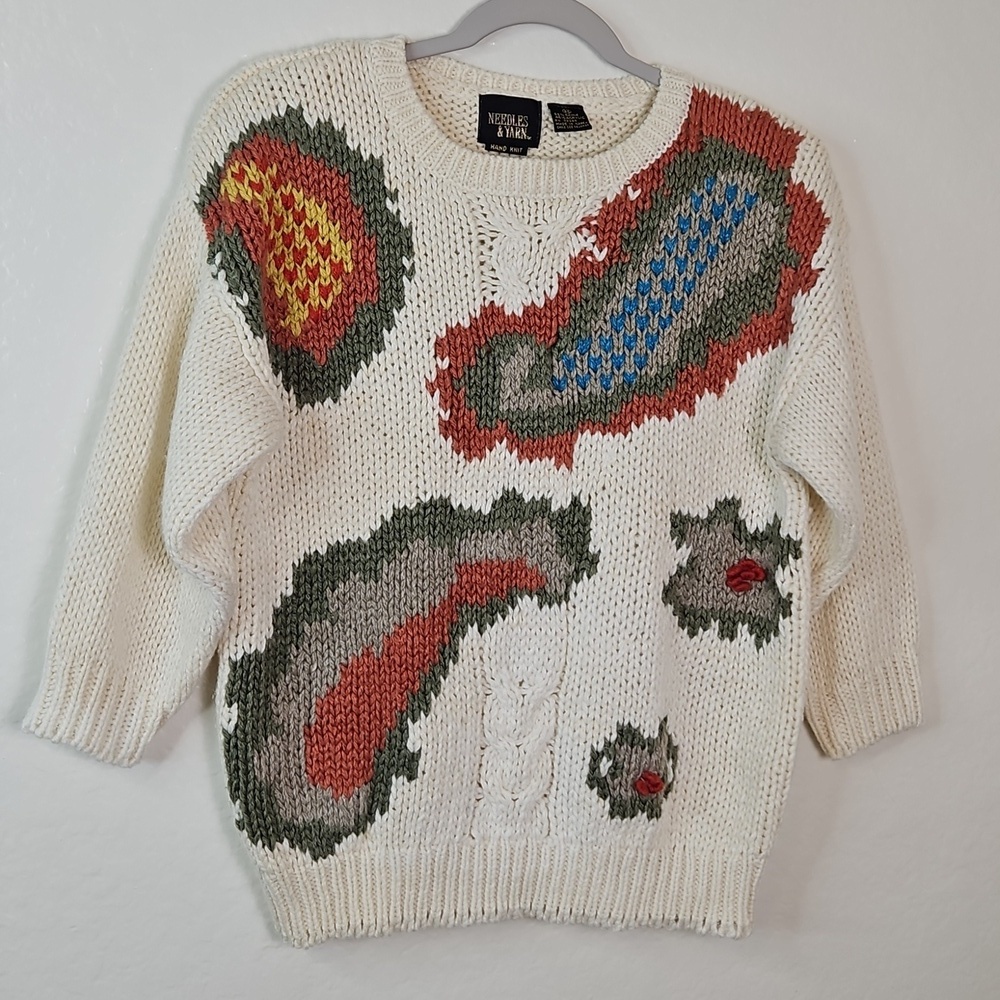 Vintage Needles & Yarn Chunky Knit Sweater Medium Multicolor Paisley Pattern